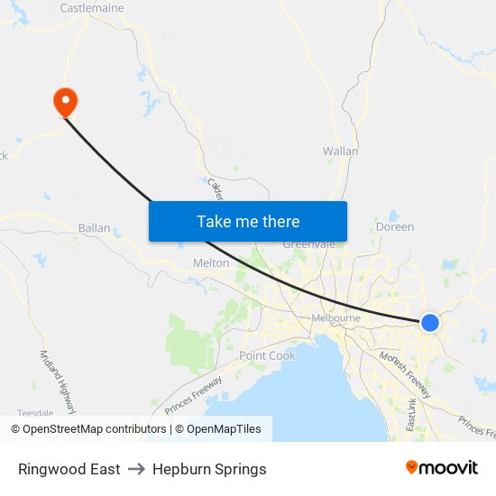 Ringwood East to Hepburn Springs map