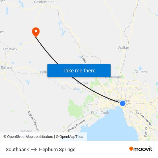 Southbank to Hepburn Springs map