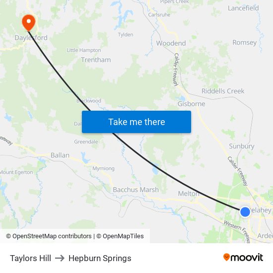 Taylors Hill to Hepburn Springs map