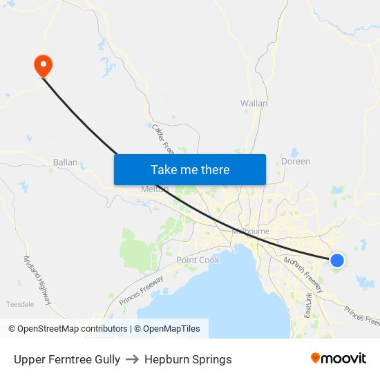 Upper Ferntree Gully to Hepburn Springs map