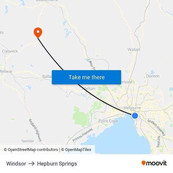 Windsor to Hepburn Springs map