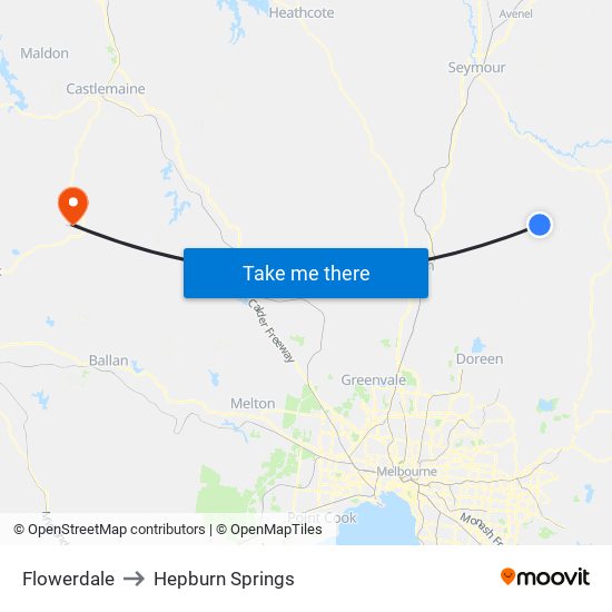 Flowerdale to Hepburn Springs map