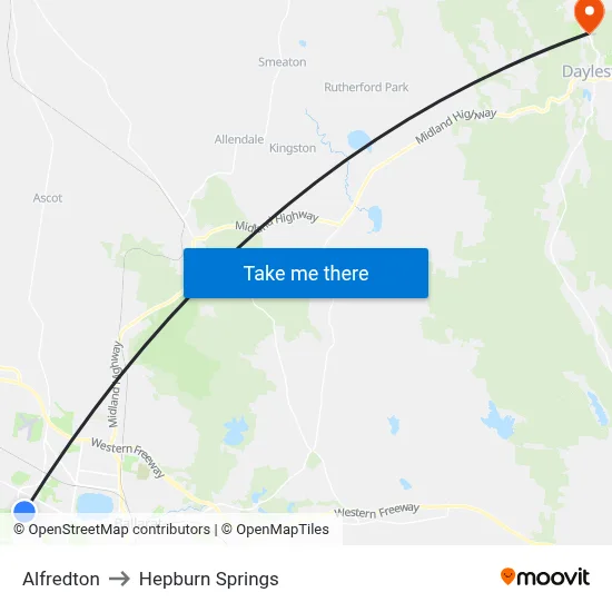 Alfredton to Hepburn Springs map