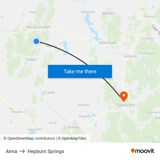 Alma to Hepburn Springs map