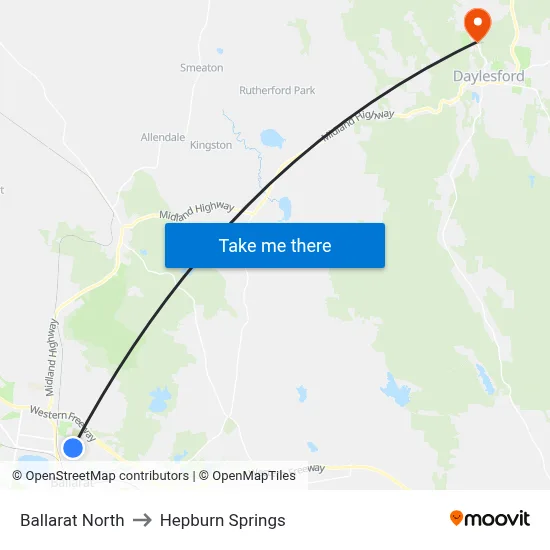 Ballarat North to Hepburn Springs map