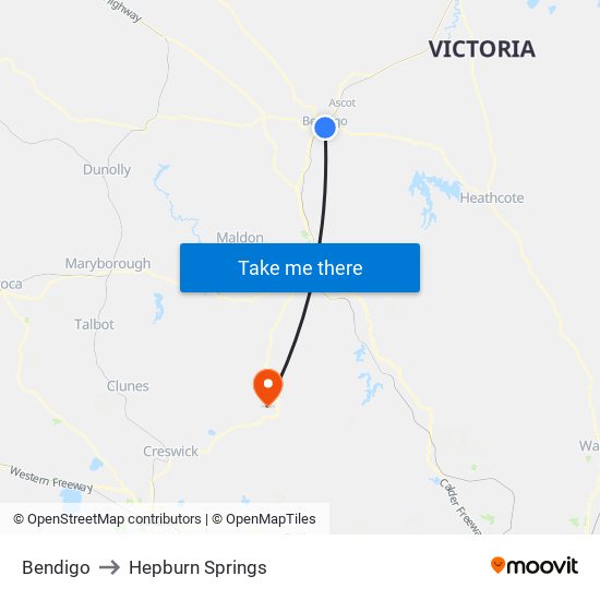 Bendigo to Hepburn Springs map