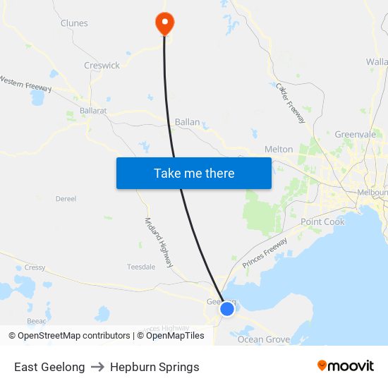 East Geelong to Hepburn Springs map