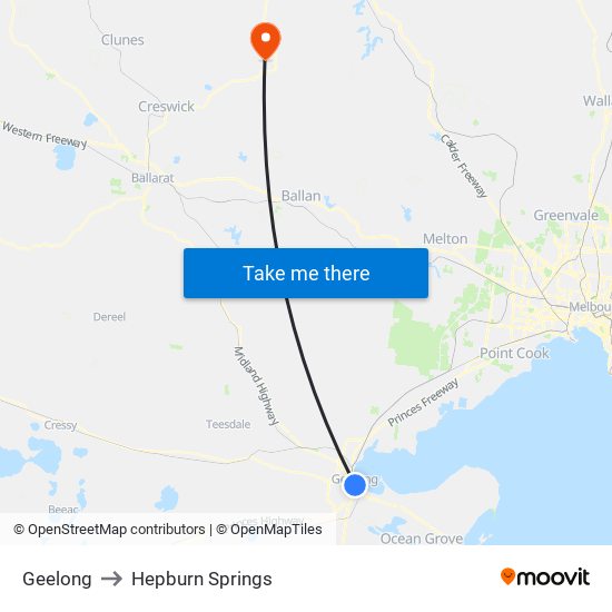 Geelong to Hepburn Springs map