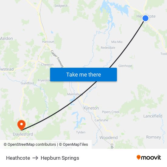 Heathcote to Hepburn Springs map