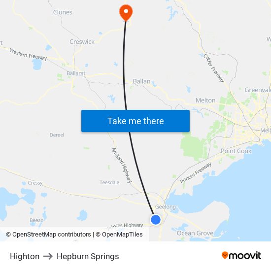 Highton to Hepburn Springs map