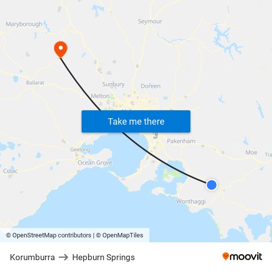 Korumburra to Hepburn Springs map