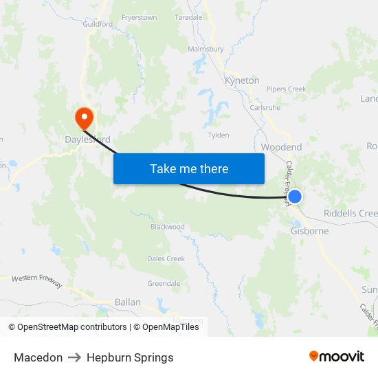 Macedon to Hepburn Springs map