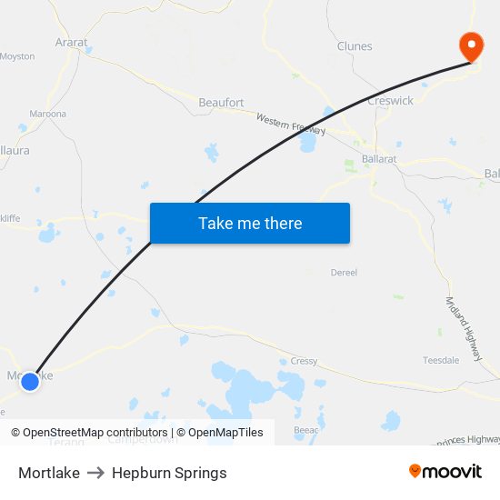 Mortlake to Hepburn Springs map