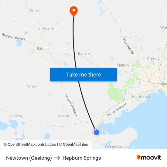 Newtown (Geelong) to Hepburn Springs map