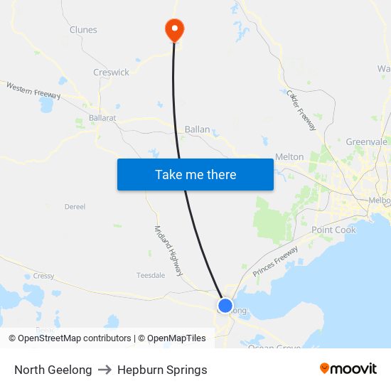North Geelong to Hepburn Springs map