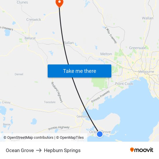 Ocean Grove to Hepburn Springs map