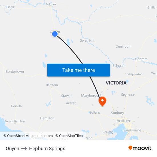 Ouyen to Hepburn Springs map