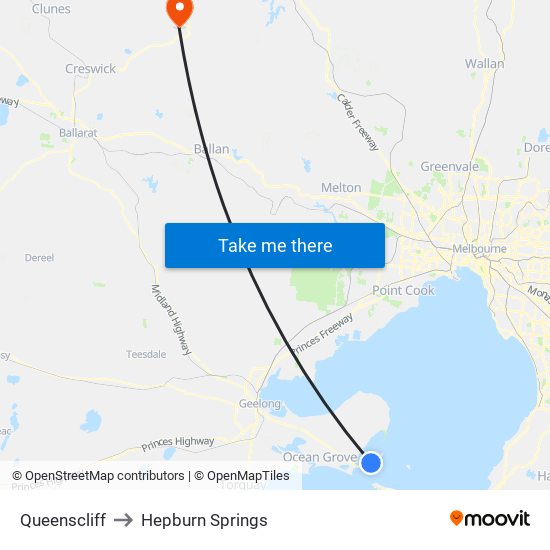 Queenscliff to Hepburn Springs map