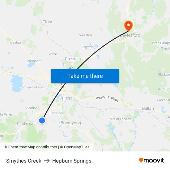 Smythes Creek to Hepburn Springs map