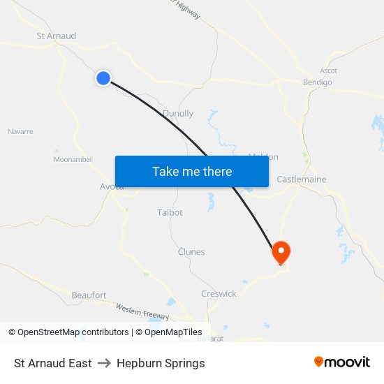 St Arnaud East to Hepburn Springs map