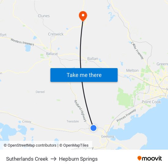 Sutherlands Creek to Hepburn Springs map