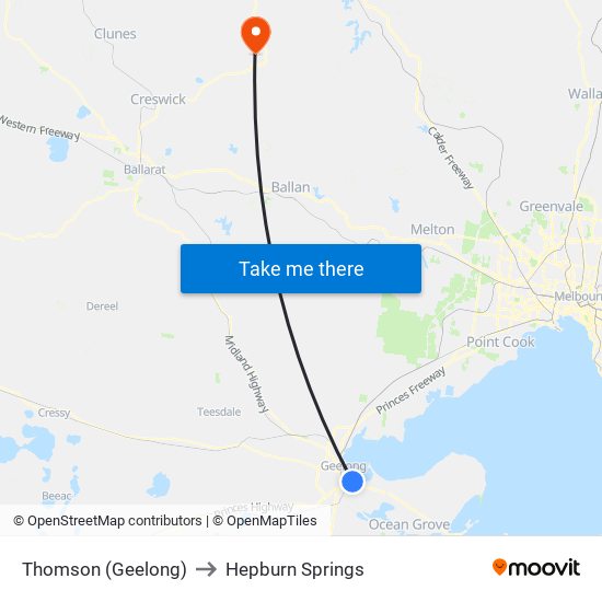 Thomson (Geelong) to Hepburn Springs map