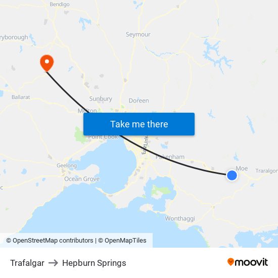 Trafalgar to Hepburn Springs map