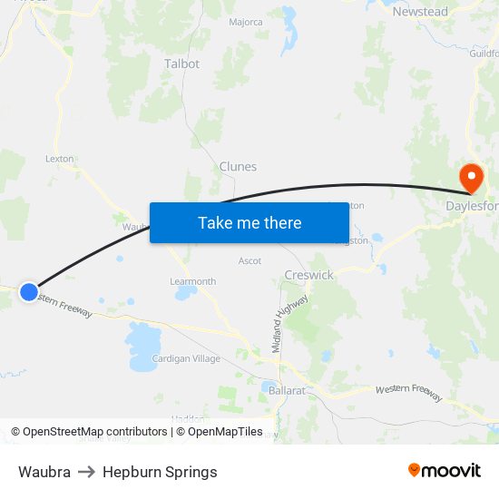 Waubra to Hepburn Springs map