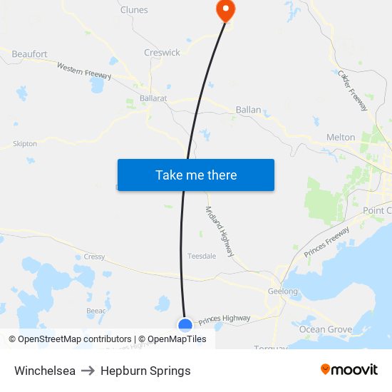 Winchelsea to Hepburn Springs map