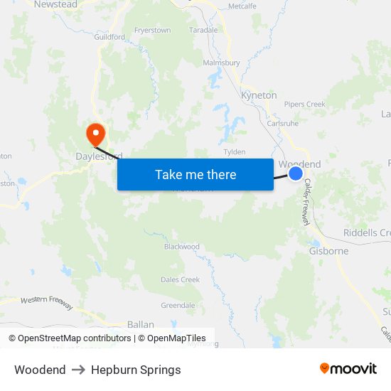 Woodend to Hepburn Springs map