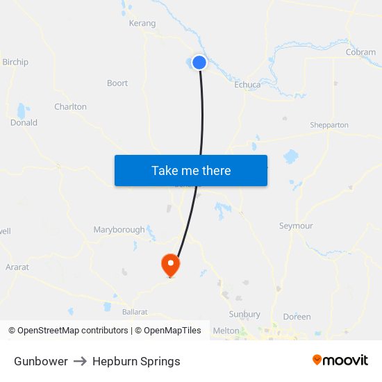 Gunbower to Hepburn Springs map