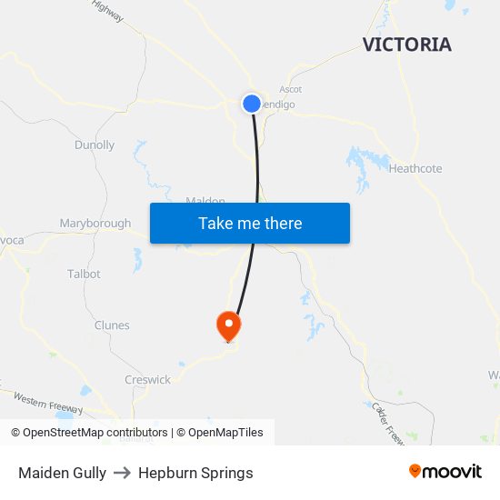 Maiden Gully to Hepburn Springs map