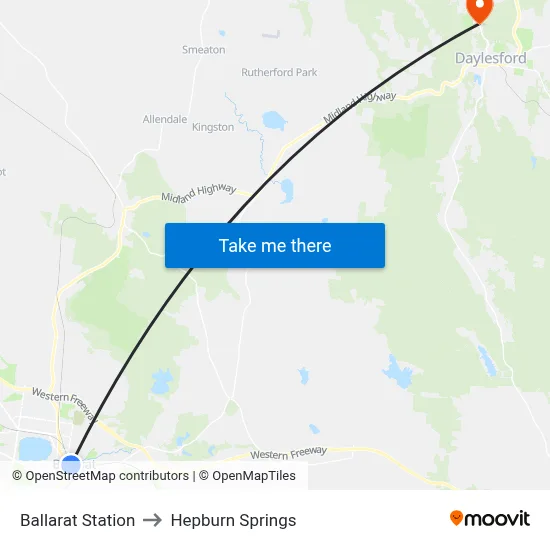 Ballarat Station to Hepburn Springs map