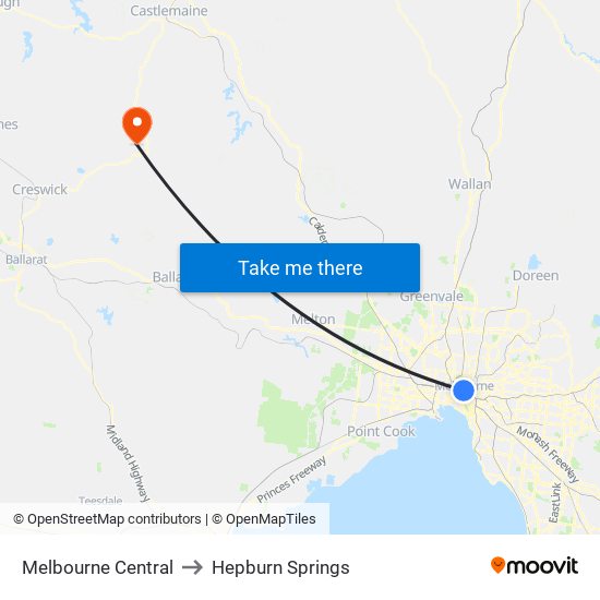 Melbourne Central to Hepburn Springs map