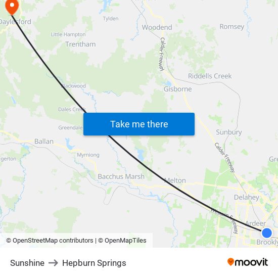 Sunshine to Hepburn Springs map