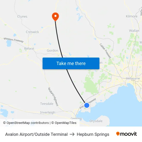Avalon Airport/Outside Terminal to Hepburn Springs map