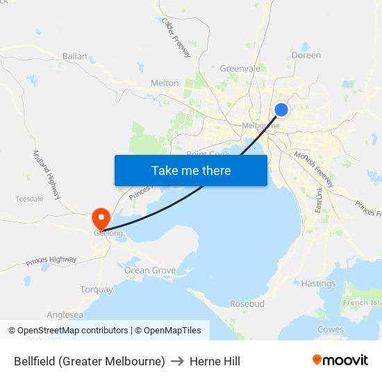 Bellfield (Greater Melbourne) to Herne Hill map