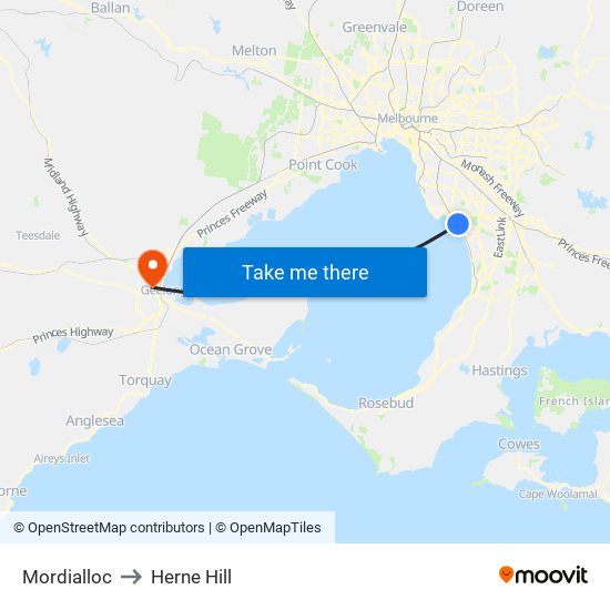 Mordialloc to Herne Hill map