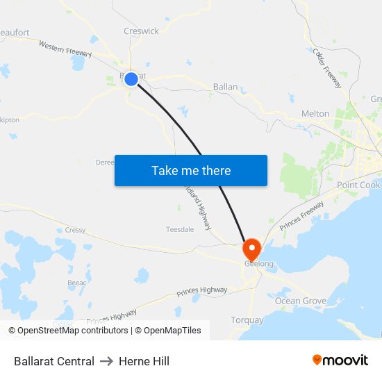 Ballarat Central to Herne Hill map