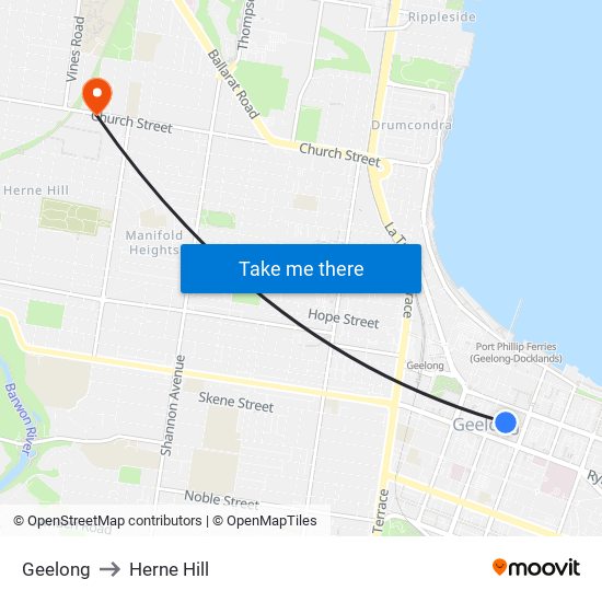 Geelong to Herne Hill map