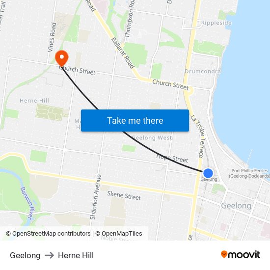 Geelong to Herne Hill map