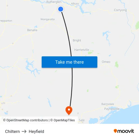 Chiltern to Heyfield map
