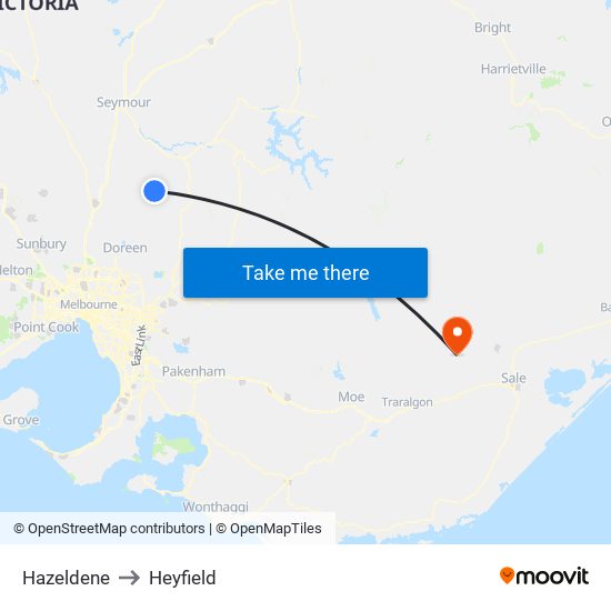 Hazeldene to Heyfield map