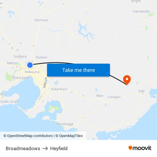 Broadmeadows to Heyfield map