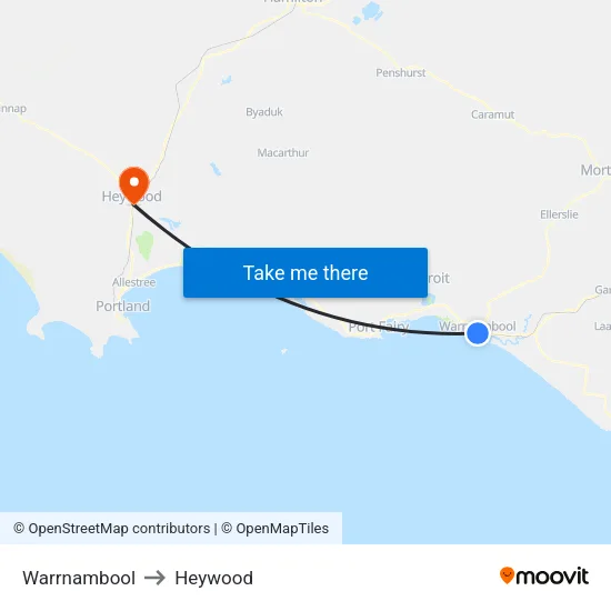 Warrnambool to Heywood map
