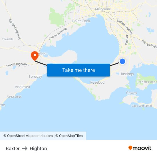 Baxter to Highton map