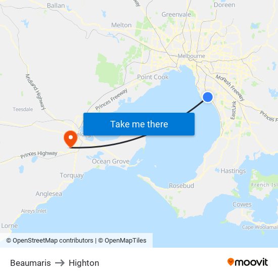 Beaumaris to Highton map