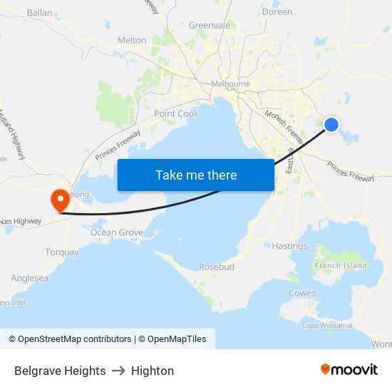 Belgrave Heights to Highton map