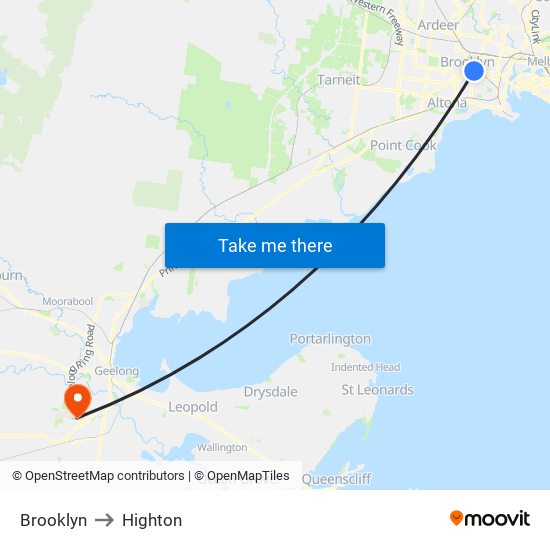 Brooklyn to Highton map