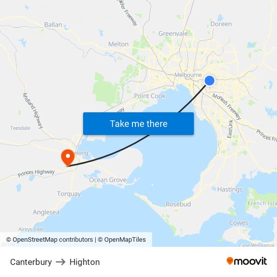 Canterbury to Highton map